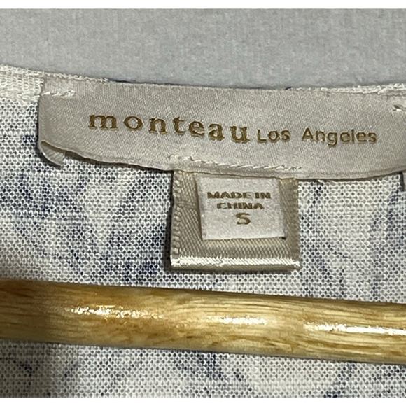 Monteau Linen Blend Faux Wrap Dress Small White Blue Floral Flutter Sleeve Tie - Picture 10 of 12